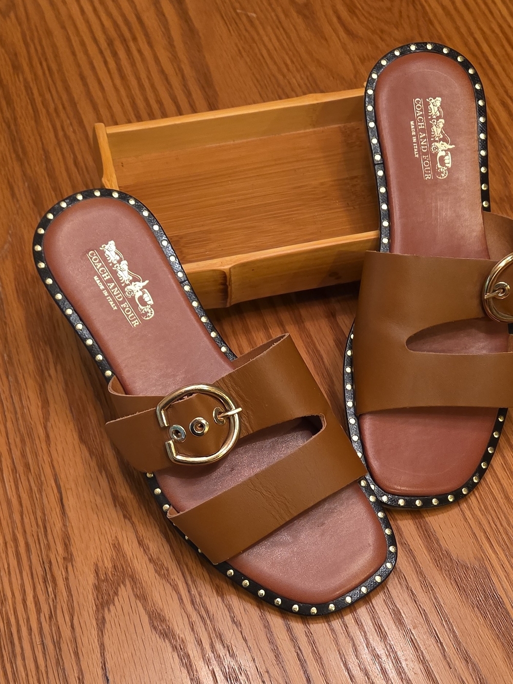 Coach And Four Tan Leather Slide Sandals with Gold Buckle & Stud Trim S 9